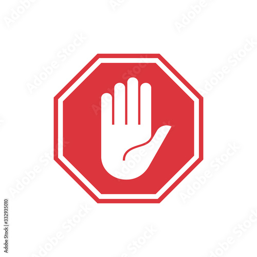 The stop sign icon has a red color and a hand on it. The sign is isolated on a white background. Vector illustration eps 10.