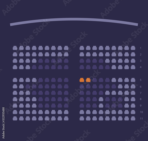 Cinema seats booking online ui design scheme or film theatre places reservation template layout vector flat cartoon violet dark illustration image