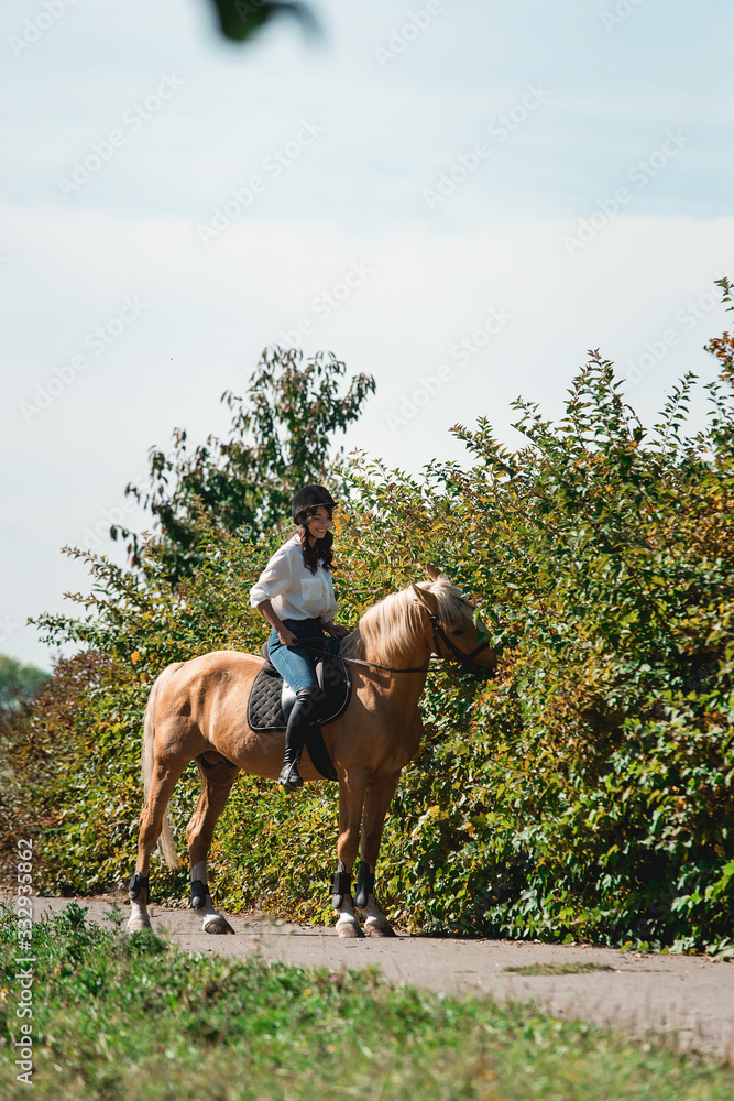 Portrait of young brunette woman in a white shirt and helmet on a horse Portrait of young brunette woman in a white shirt and helmet on a horse