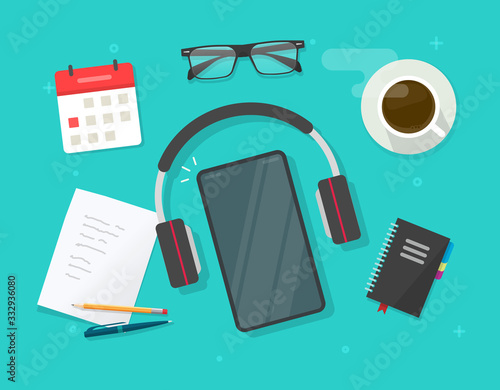 Workplace desk with learning stuff and mobile empty blank mobile phone or working table flat lay with smartphone screen and audio headphones vector, concept of education or study modern design image