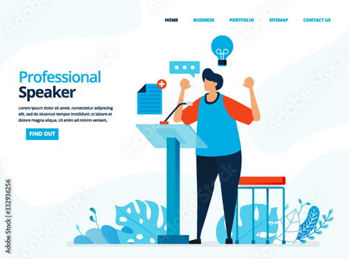 Vector human illustration of professional speaker. The man speaking on the podium. Can use for landing page, template, web, mobile app, poster, banner, flyer, background, website, advertisement
