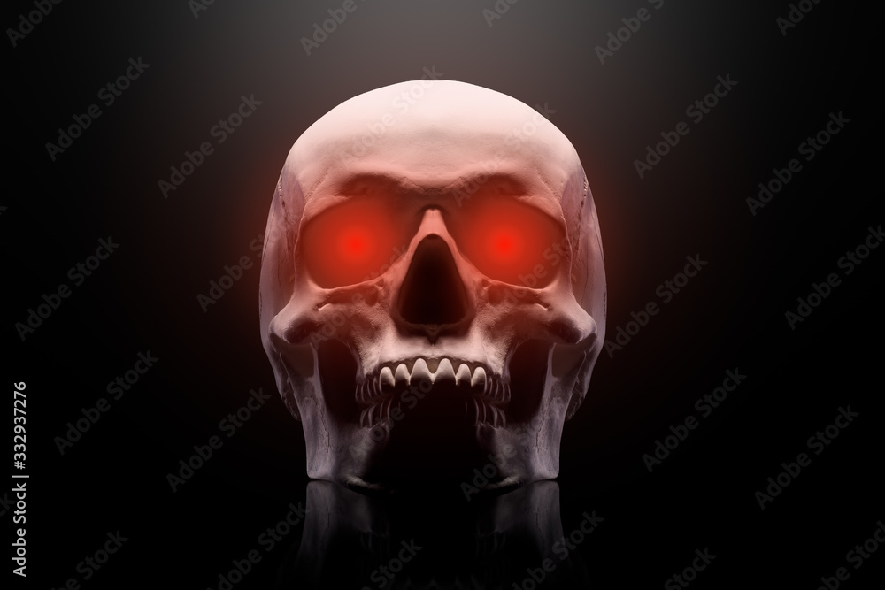 Model of the human skull with red eyes isolated on black background Model of the human skull with red eyes isolated on black background