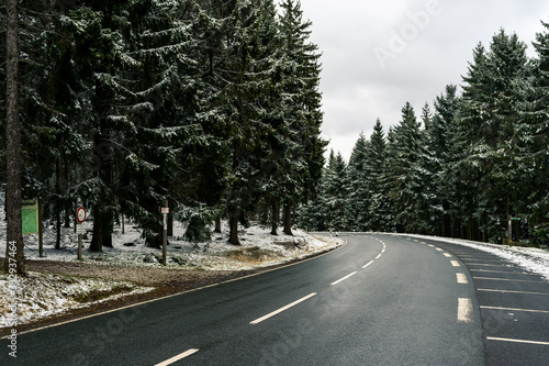curved wet asphalt road in snowy pine forest