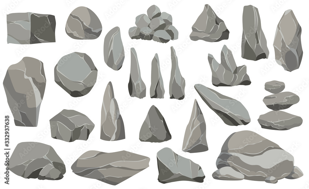 Rocks and stones single or piled for damage and rubble. Large and small stones. Set of flat design icons. Vector illustration for game art architecture design