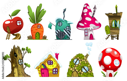 Set of different fairytale houses. Fantasy houses. Housing village illustration. Set for kids fairytale playhouse isolated on white background