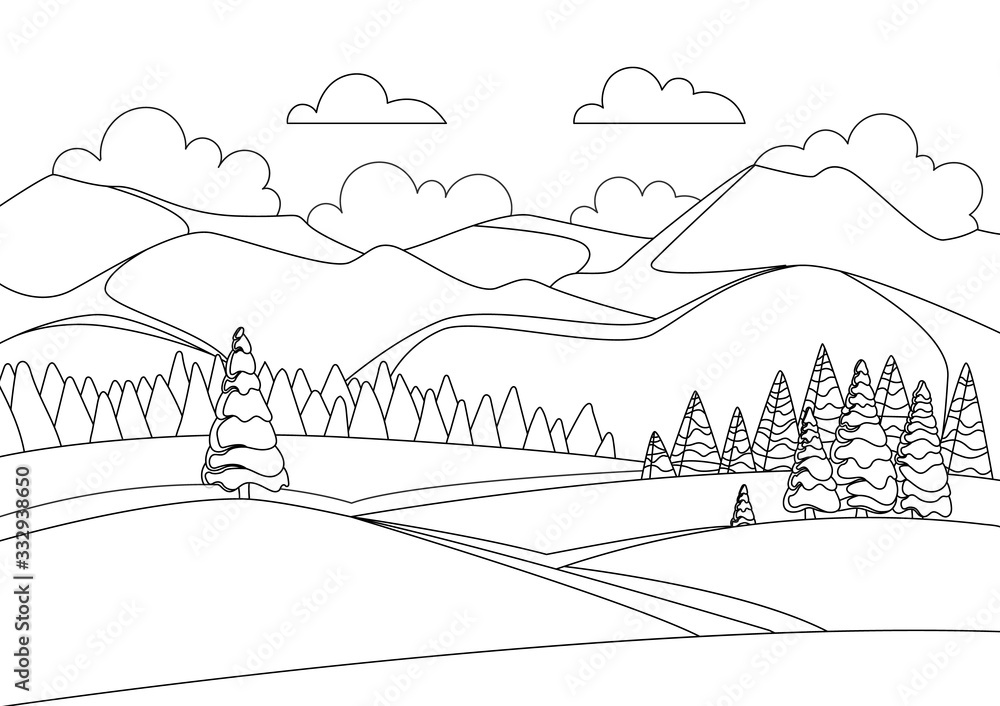 Fototapeta Sketch of beautiful winter mountain landscape with sky and clouds. Panorama of mountain ridges with spruce or pine forest in the foreground. Coniferous forest. Vector illustration