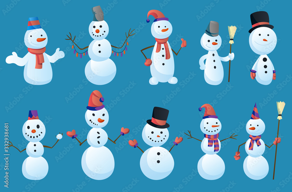 Set of Snowmans in different poses with top hat and scarf isolated on white background. Winter theme. Vector character illustration