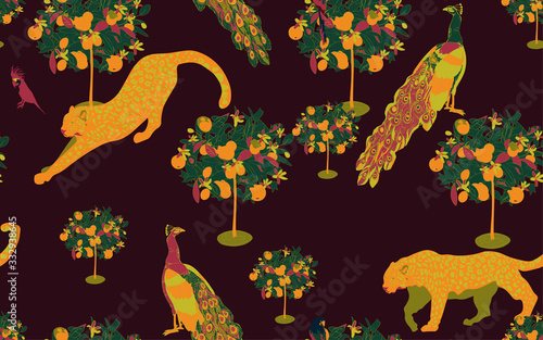 A garden with orange trees in bloom in which tame leopards, peacocks and cockatoo parrots walk on a white background. Seamless pattern with tropical animals and plants.