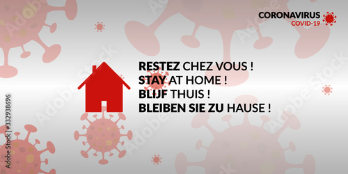 Fond d'écran/bannière restez chez vous multilingue (Français, Anglais, Néerlandais, Allemand). Design et couleurs flat - Rouge