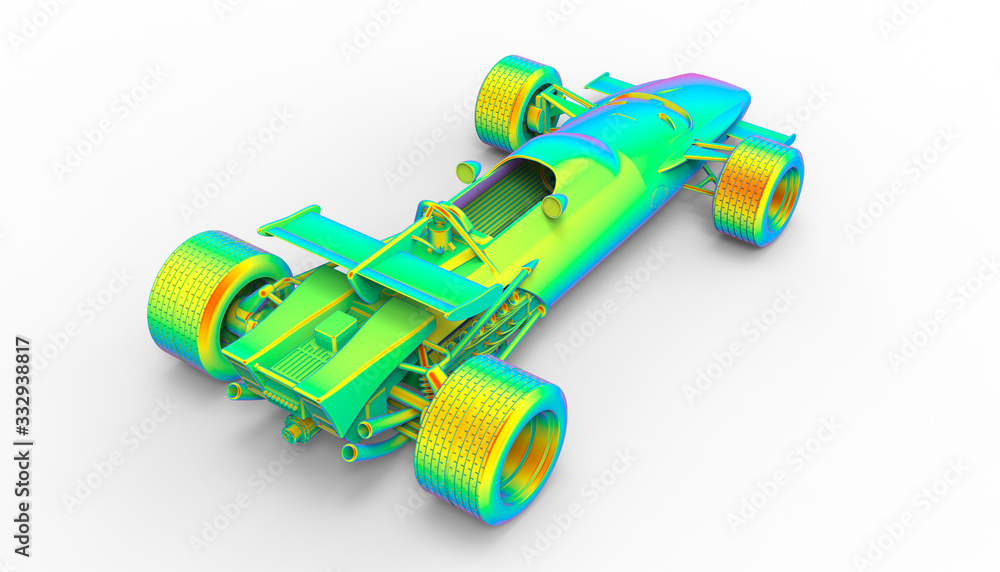 3D rendering - back view of a rainbow colored racing car