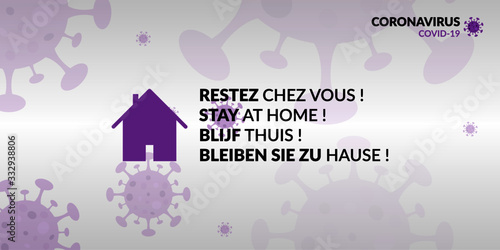 Fond d'écran/bannière restez chez vous multilingue (Français, Anglais, Néerlandais, Allemand). Design et couleurs flat - Violet