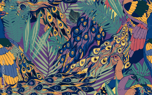 Seamless pattern with large blue-green peacock tails and leaves of tropical palm trees.