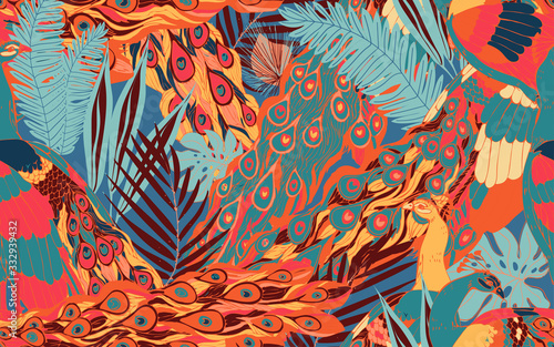Seamless pattern with large blue-green peacock tails and leaves of tropical palm trees.