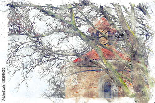 Photography watercolor style and abstract illustration of ancient house and bare trees at wi