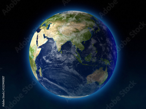 The Planet Earth  Europe and Asia View. High resolution 3D render of Planet Earth. Natural colors  clouds cover  star background. All maps comes from http   visibleearth.nasa.gov 