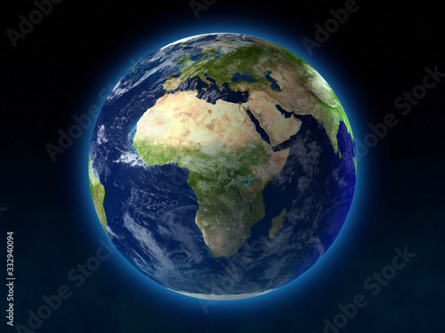 The Planet Earth. Africa View. High resolution 3D render of Planet Earth. Natural colors, clouds cover, star background. All maps comes from http://visibleearth.nasa.gov/
