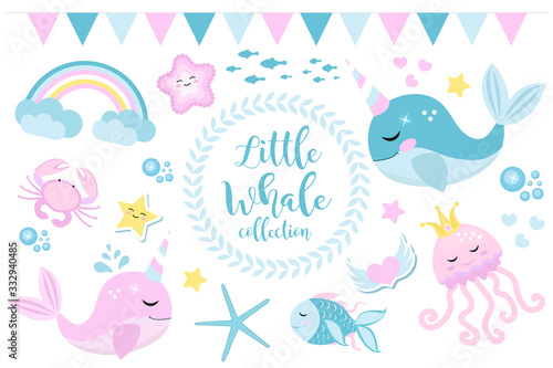 Little whale unicorn set, modern cartoon style. Cute and a fantastic collection for children with sea inhabitants, fish, underwater, jellyfish, crab, rainbow. Vector illustration