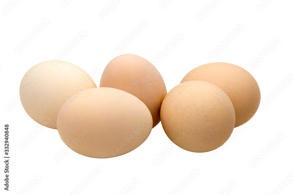 five cream-colored chicken eggs on a white background five cream-colored chicken eggs on a white background