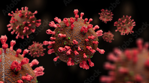 Coronavirus outbreak and coronaviruses influenza background represented by a group of bacterial intruder cells causing sickness and disease to healthy patients.Microscope virus close up. 3d rendering.