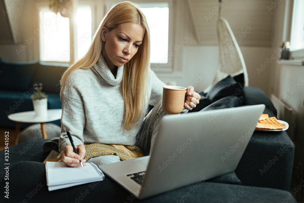 Young woman using computer and taking notes while working at home. Young woman using computer and taking notes while working at home.