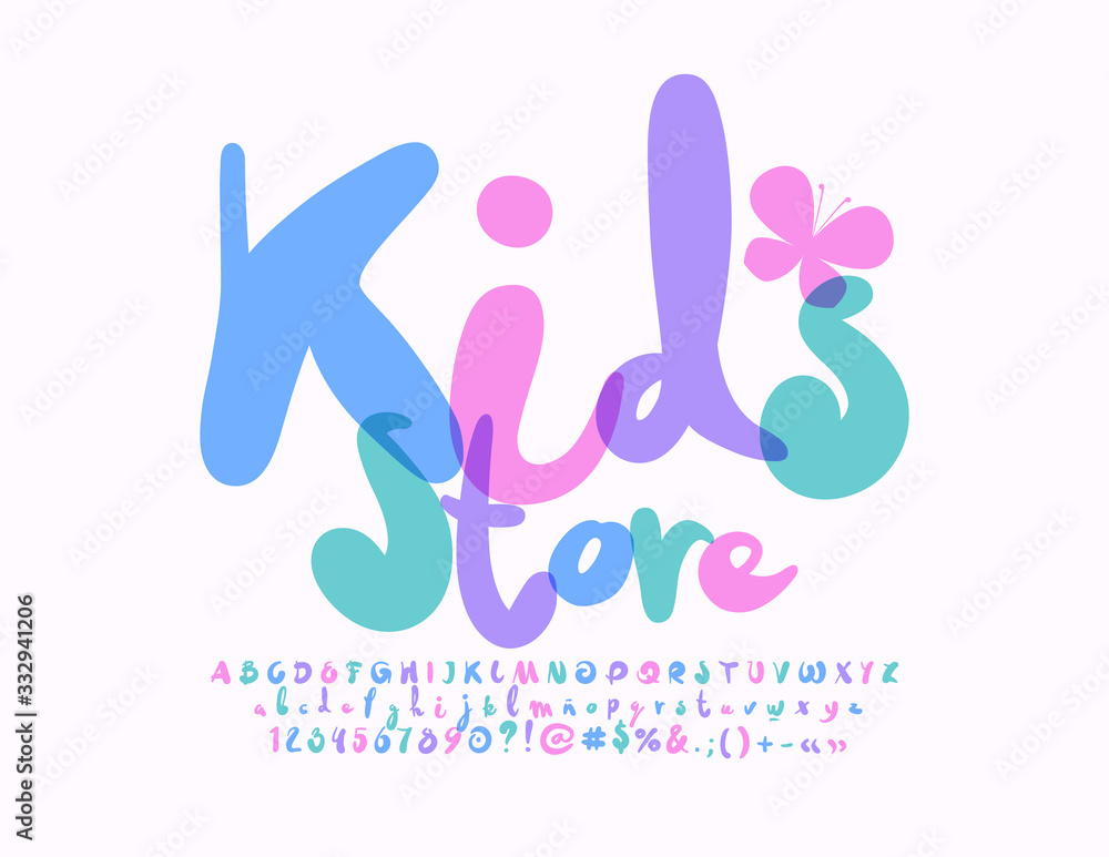 Vector bright sign Kids Store with Butterfly. Creative artistic Font. Colorful Alphabet Letters and Numbers Vector bright sign Kids Store with Butterfly. Creative artistic Font. Colorful Alphabet Letters and Numbers