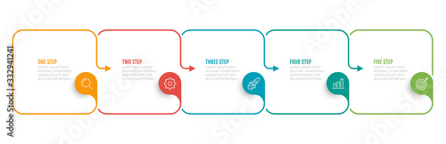 Timeline infographic template. Business concept with 5 number options, steps, square object and arrows. Vector illustration.