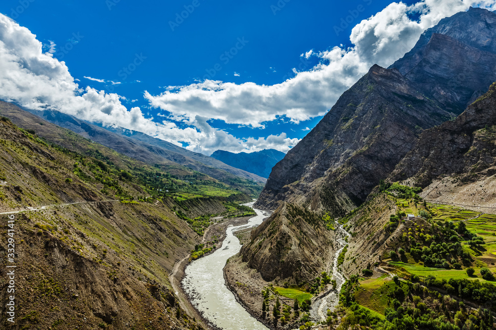 Chandra River in Himalayas and road. Lahaul Valley, Himachal Pradesh, India India