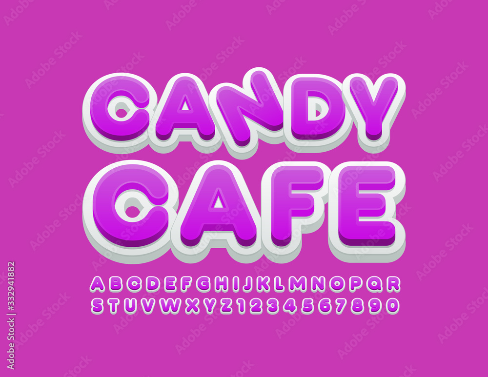 Vector bright banner Candy Cafe. Pink and White modern Font. Modern Alphabet Letters and Numbers Vector bright banner Candy Cafe. Pink and White modern Font. Modern Alphabet Letters and Numbers