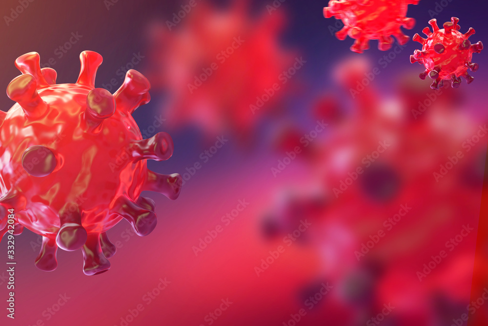 Fototapeta Image of Flu COVID-19 virus cell under the microscope on the blood.Coronavirus Covid-19 outbreak influenza background.Pandemic medical health risk concept with disease cell as a 3D render.