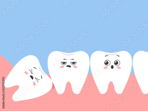 Incorrectly positioned wisdom tooth. Cartoon displeased teeth. Vector illustration