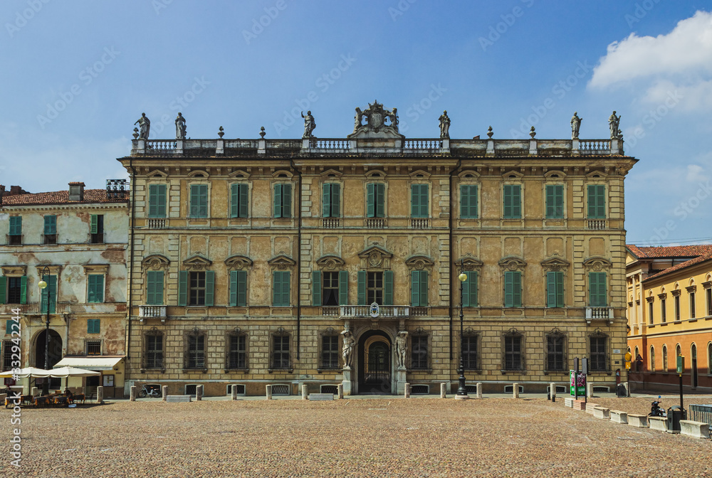 Beautiful facade of the Palazzo Bianchi. Mantua. Italy. Soft focus, blurry background.