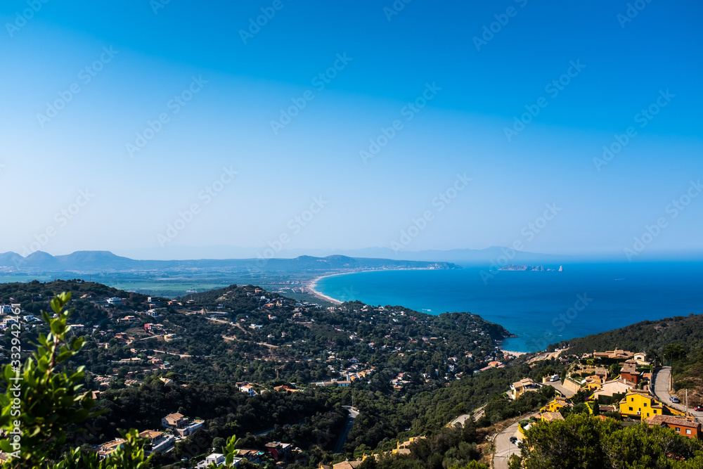 Panoramic view from the hills around Begur overlooking Mediterranean Sea. Gerona Province, Catalonia, Spain.