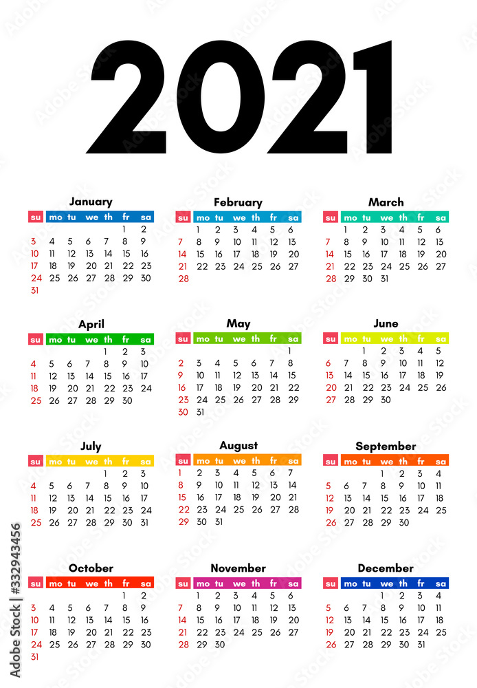Calendar for 2021 isolated on a white background Calendar for 2021 isolated on a white background