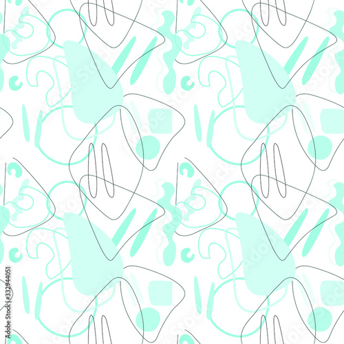 Abstract background. Seamless pattern. Vector abstract illustration of light blue round and triangulars irregular shapes on a white background.