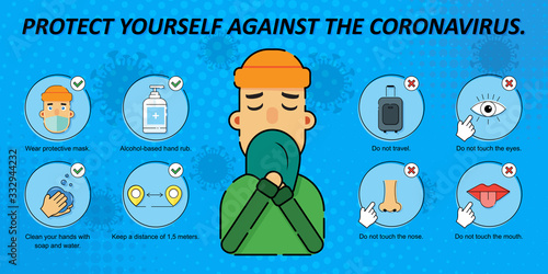 2019-nCoV covid-19 virus protection tips. Coronovirus Warning. Infographic Prevention. Set of isolated vector illustrations in cartoon style on a blue background.