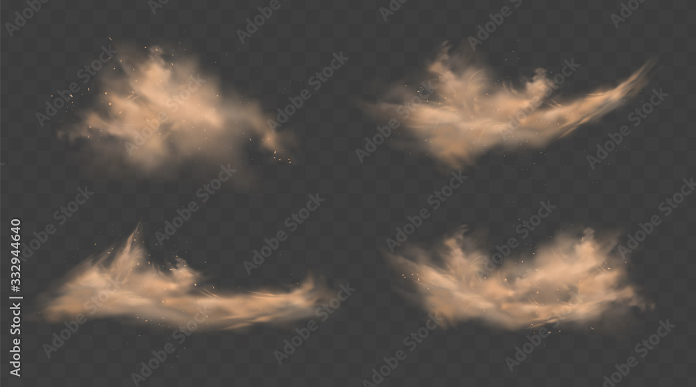 Dust sand clouds set with stones and flying dusty particles isolated on transparent background. Desert sandstorm. Realistic vector illustration