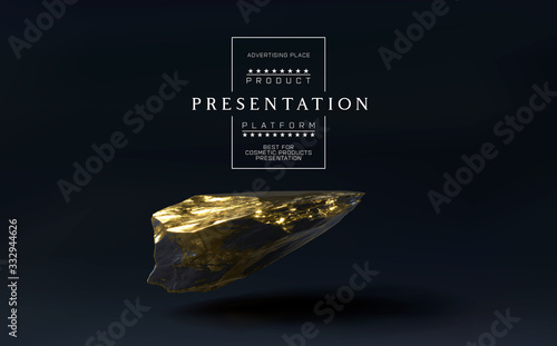 Vector stone podium for product presentation display. Marble black and gold Pedestal, Product Stand. Blank for mockup design. Minimalistic object placement, cosmetic product stone plate platform.