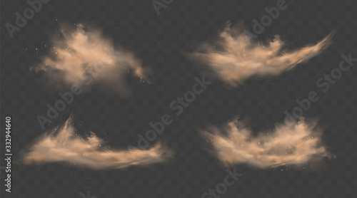 Dust sand clouds set with stones and flying dusty particles isolated on transparent background. Desert sandstorm. Realistic vector illustration