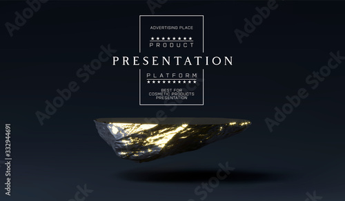 Vector stone podium for product presentation display. Marble black and gold Pedestal, Product Stand. Blank for mockup design. Minimalistic object placement, cosmetic product stone plate platform.