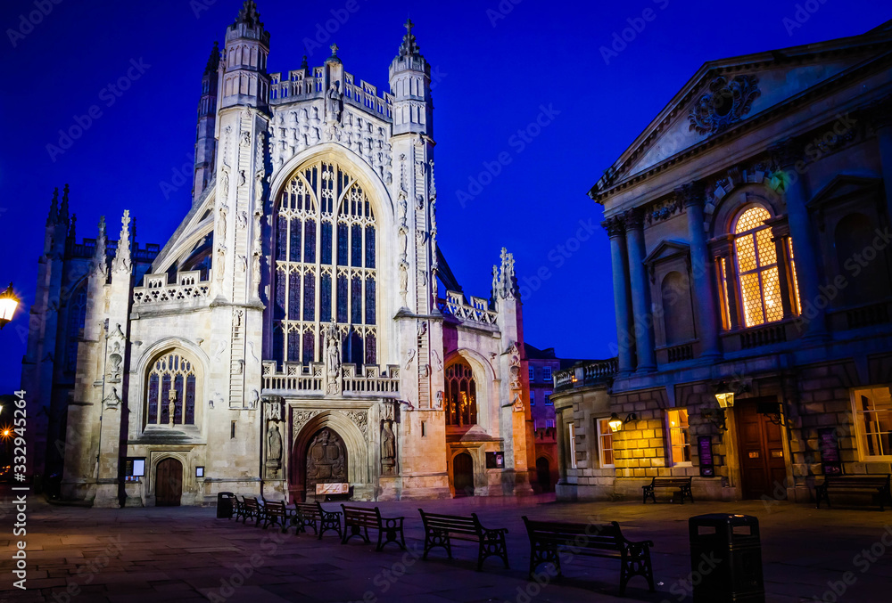 Bath Cathedral by night, Somerset