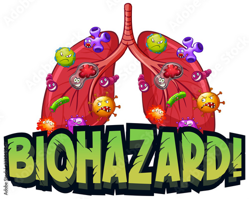 Font design for word biohazard with virus cells in human lungs