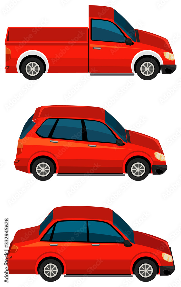 Set of different types of cars in red color
