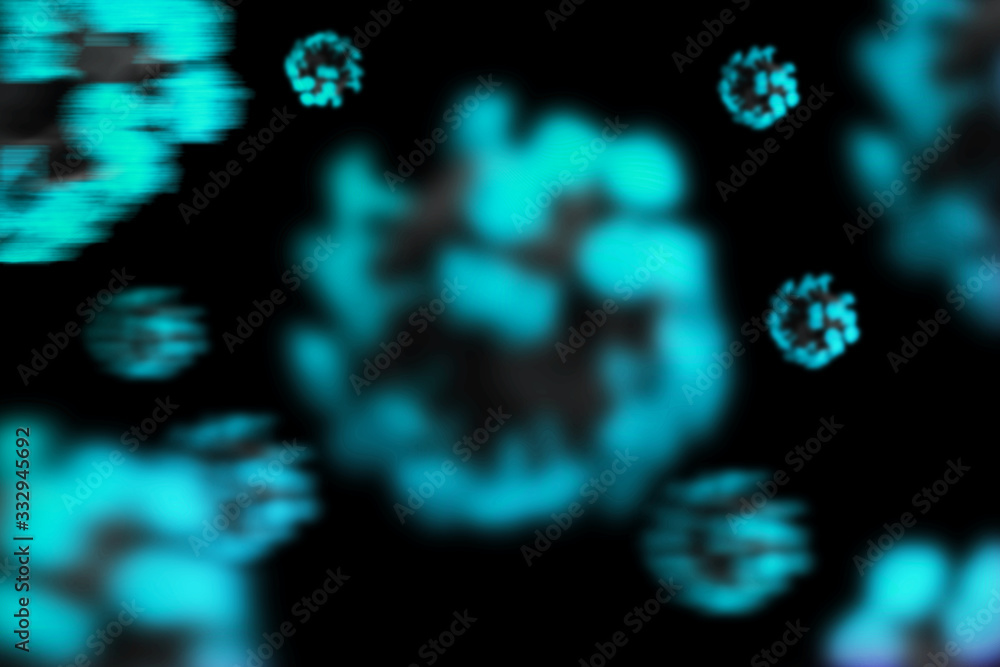 Image of Flu COVID-19 virus cell under the microscope on the blood.Coronavirus Covid-19 outbreak influenza background.Pandemic medical health risk concept with disease cell as a 3D render.illustration