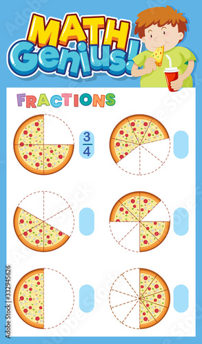 Math worksheet template design for fractions with pizza