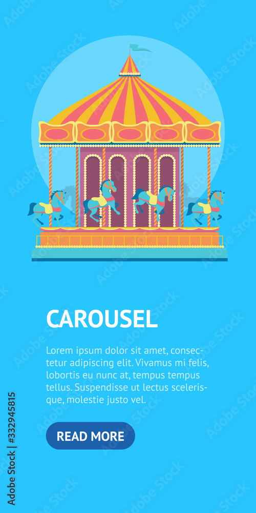 Cartoon Color Merry Go Round Carousel Card Ad. Vector