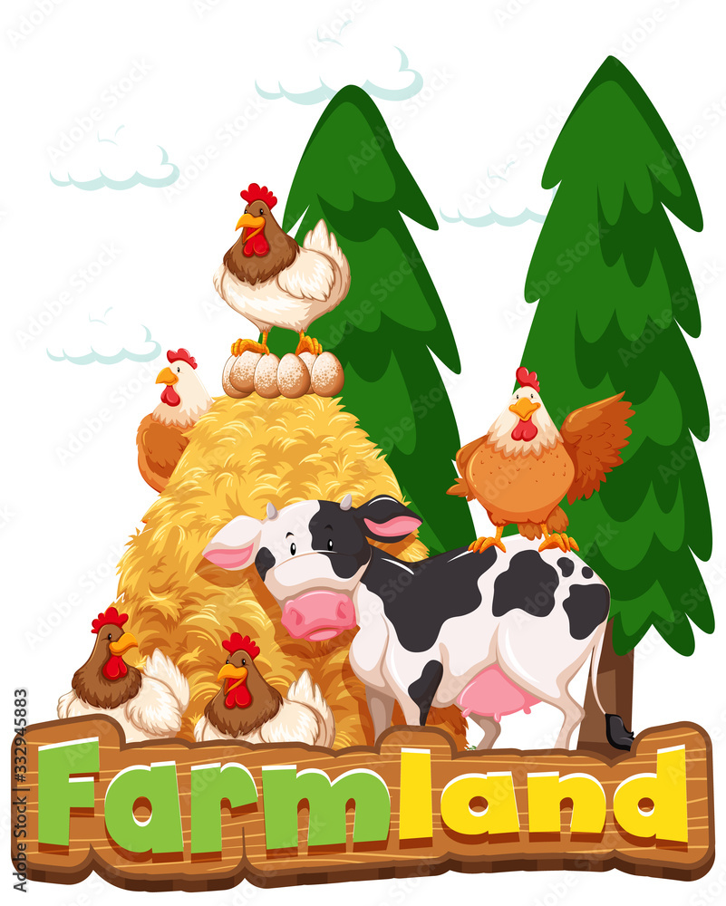 Font design for word farmland with chickens and cow