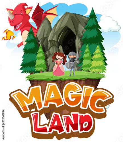 Font design for word magic land with dragon at the cave