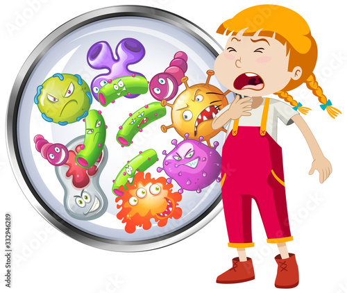 Girl being sick and many virus cells in background