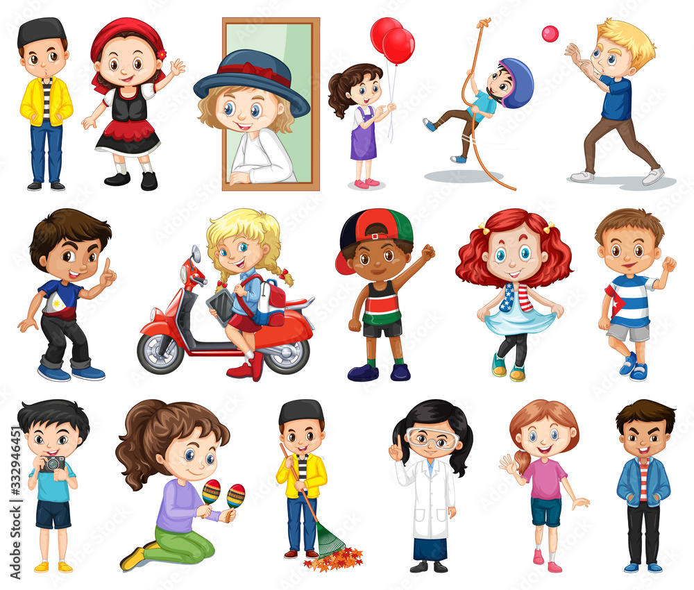 Large set of boys and girls doing different activity on white background Large set of boys and girls doing different activity on white background
