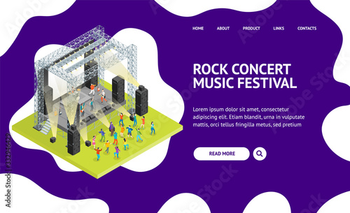 Music Festival Concept Landing Web Page 3d Isometric View. Vector